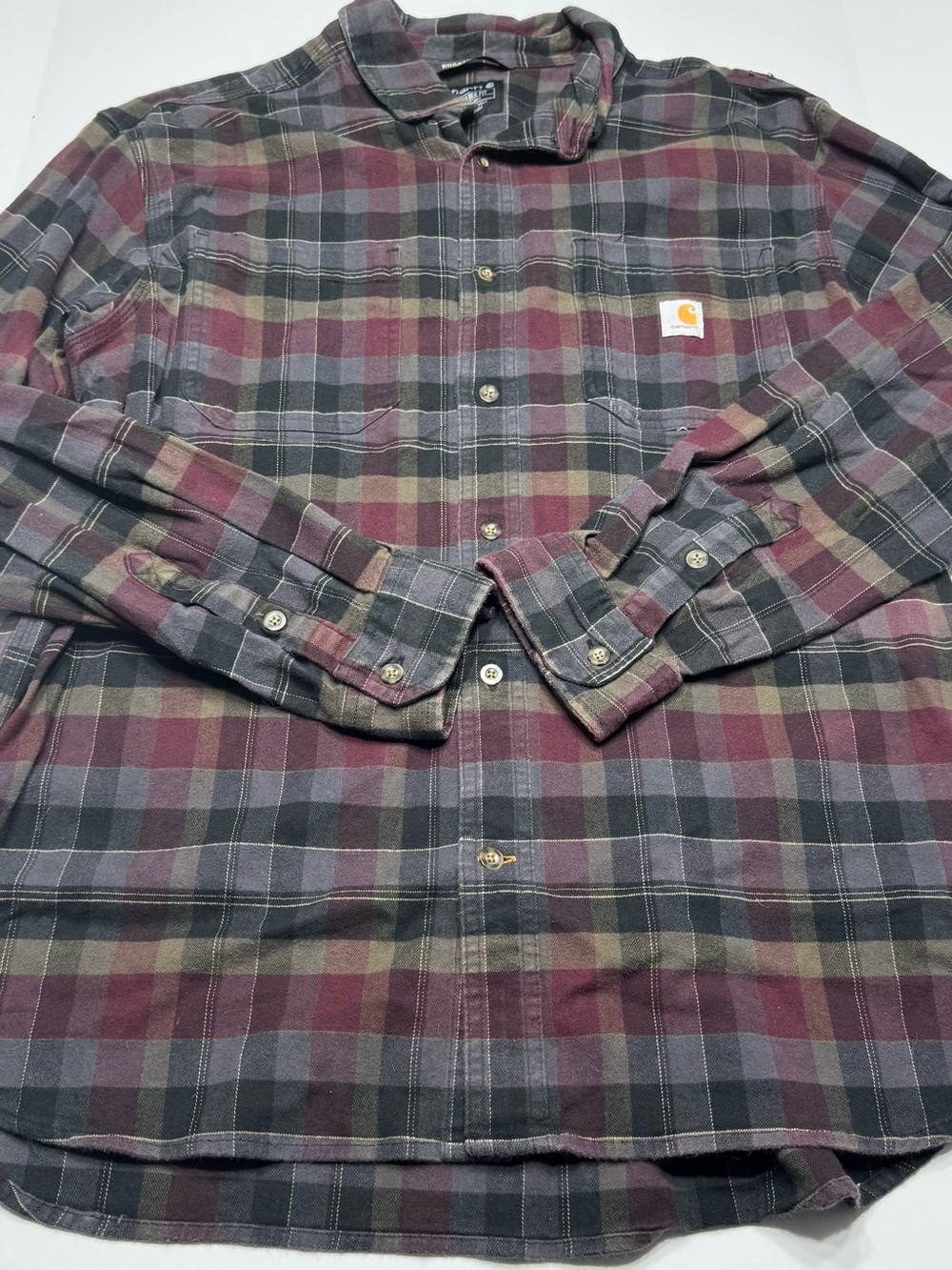 Carhartt Men's Burgundy, Gray and Olive Plaid Button-Down Shirt